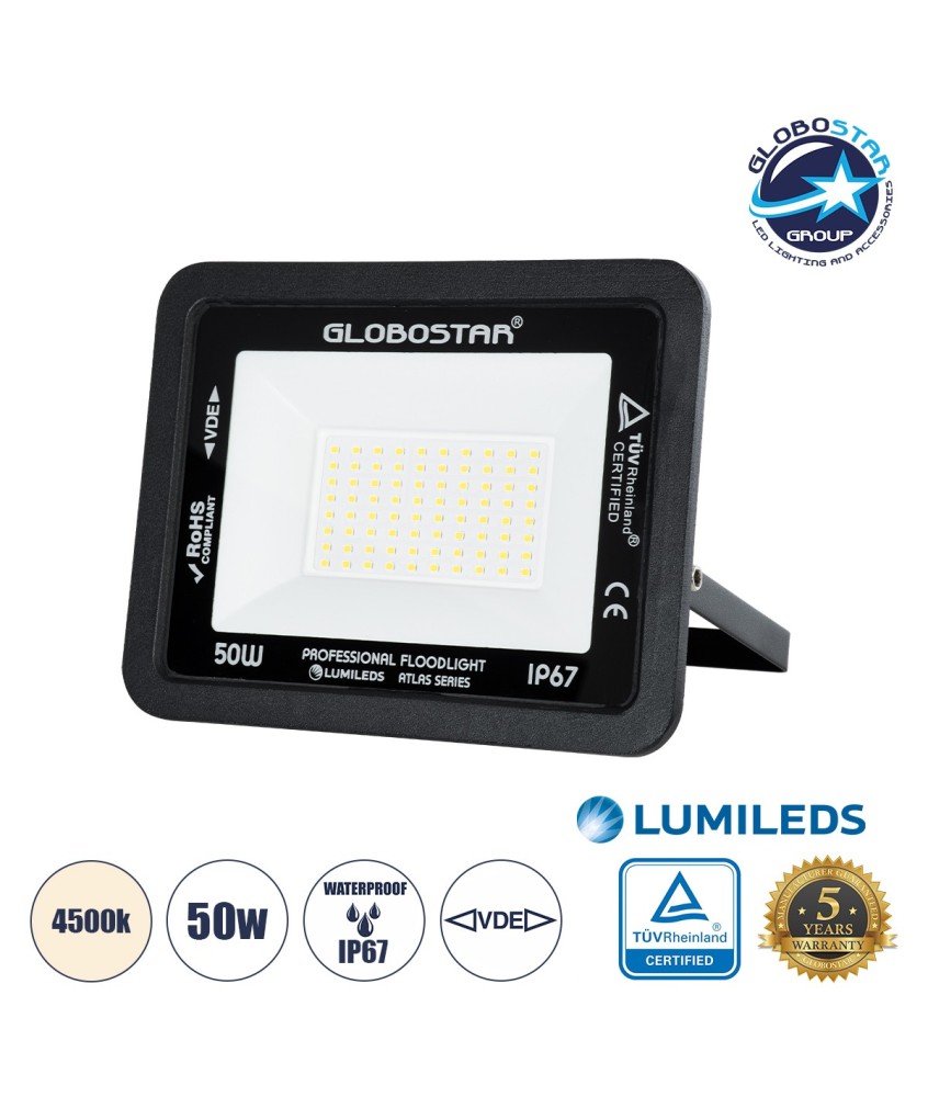 GLOBOSTAR® ATLAS 61423 Προβολέας LED 50W 6000lm 120° AC 220-240V Αδιάβροχο IP67 Φυσικό Λευκό 4500K - Lumileds SMD Chip - TÜV Rheinland Certified - Μαύρο Ματ - Μ21 x Π3.5 x Υ16cm - 5 Χρόνια Εγγύηση